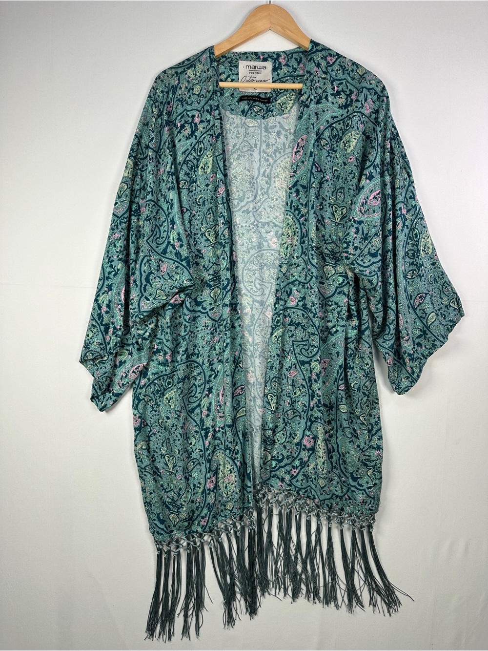 Marwa Paisley Fringe Kimono Cardigan Open Front Green Boho Festival Layer XL
